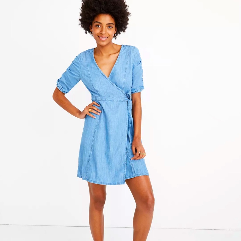 Madewell denim shirred sleeves wrap dress